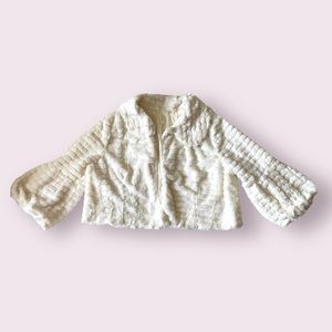 Tacera Patterned Collar Bell Sleeves Short White Faux Fur Coat Cover Up Cardigan